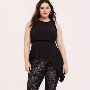 Torrid Black Crepe & Velvet Trim Asymmetrical Peplum Top